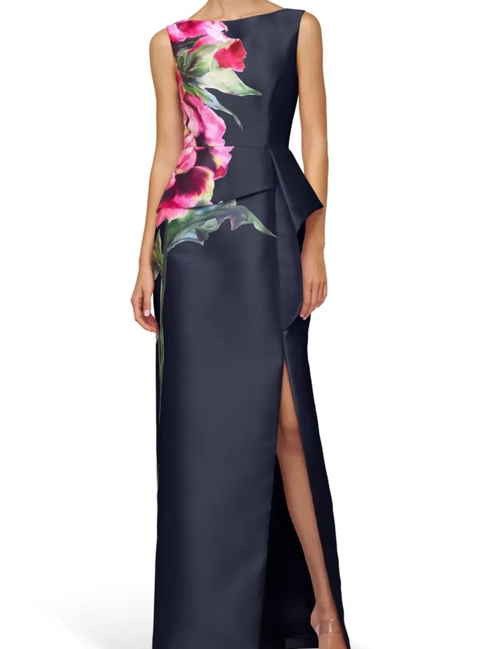 Elegant Navy Floral Appliqué Evening Gown
